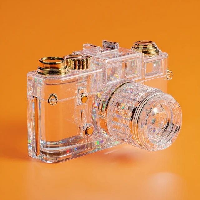 Glass Camera on Orange Background Photography