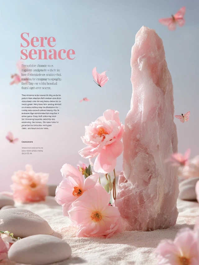 Dreamy Pink Background: Flowers, Butterflies, and Serene Stones