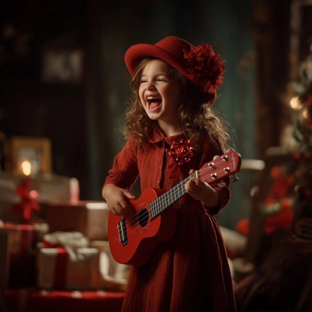Cute Girl in Red Playing Guitar at Christmas
