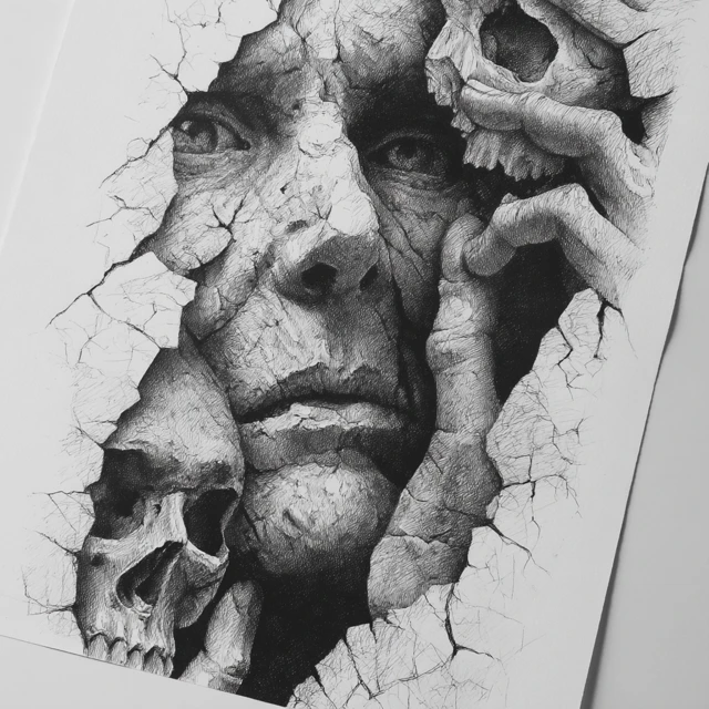 Hyperrealistic Skull Art Black and White Illustration