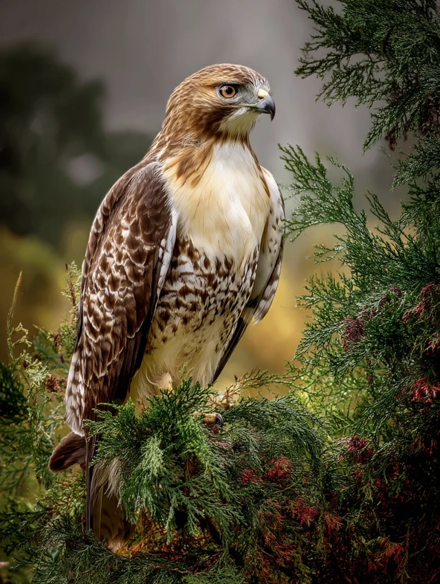 Red Tail Hawk Perched on a Cedar Tree