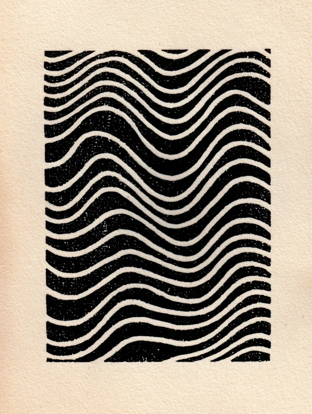 Black and White Wavy Line Art Linocut Print