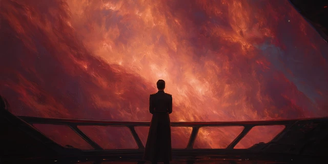 Admiral on Starship Bridge Red Nebula