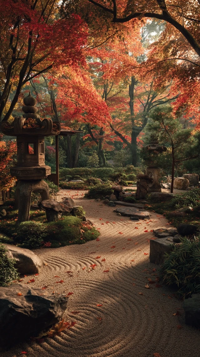 Zen Garden in Autumn: Stone Lanterns and Maple Trees