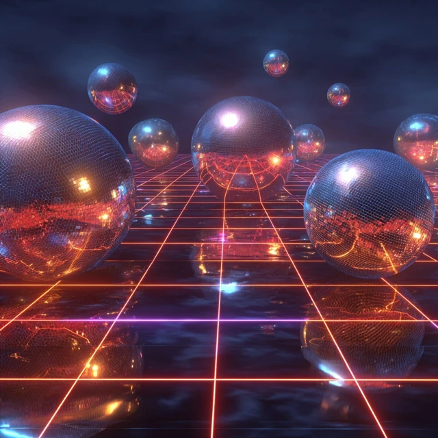 Disco Balls Neon Lights Futuristic 3D Rendering