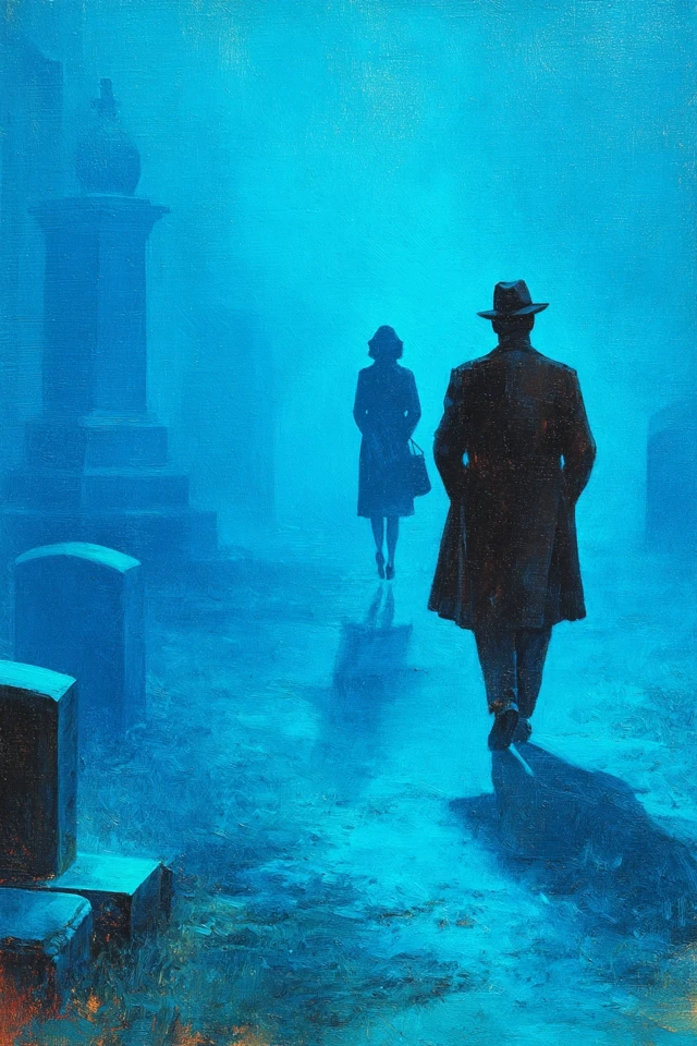 Noir Detective and Woman Cemetery Painting