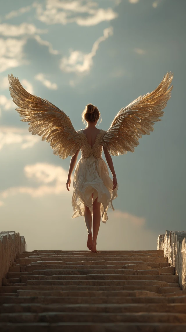 Angel with Golden Wings on Stone Staircase