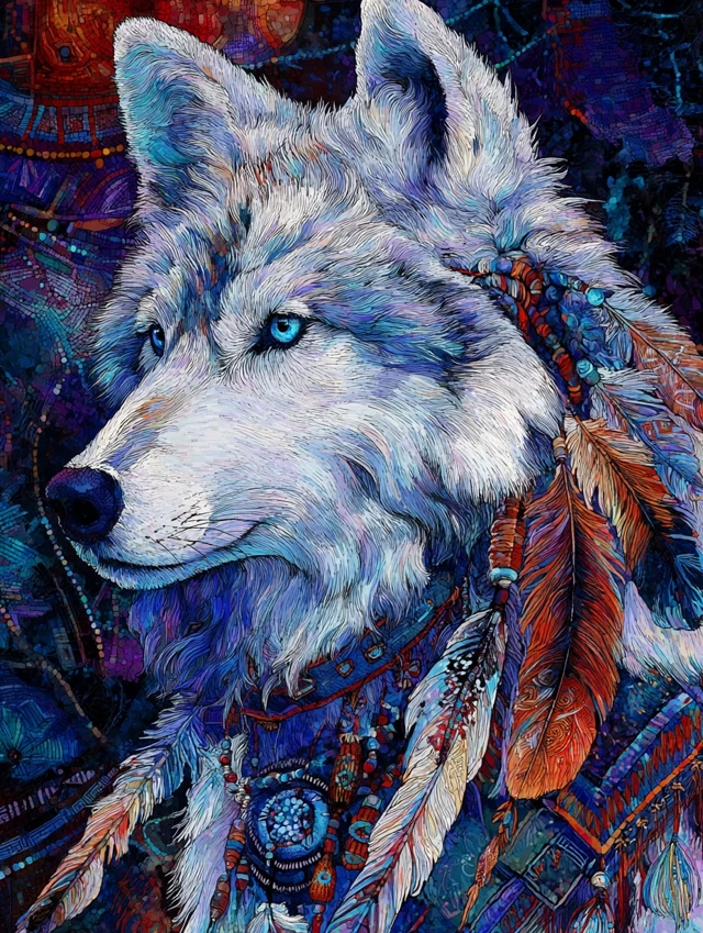 White Wolf in Native American Attire Art
