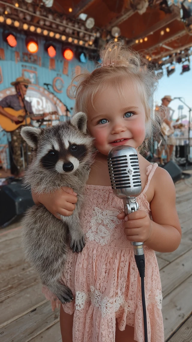Baby Girl Singing With Raccoon On Stage