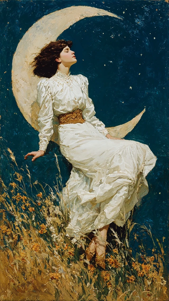 Woman on the Moon Stars Painting Art