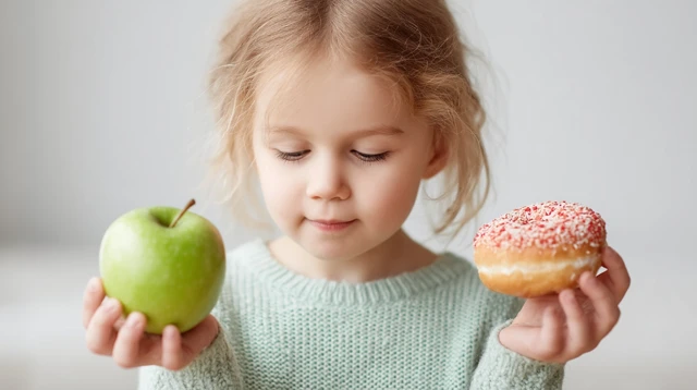 Girl choosing Apple or Donut Healthy Food Choice