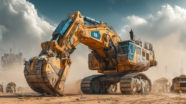 Construction Site Scene Heavy Excavator and Dump Truck