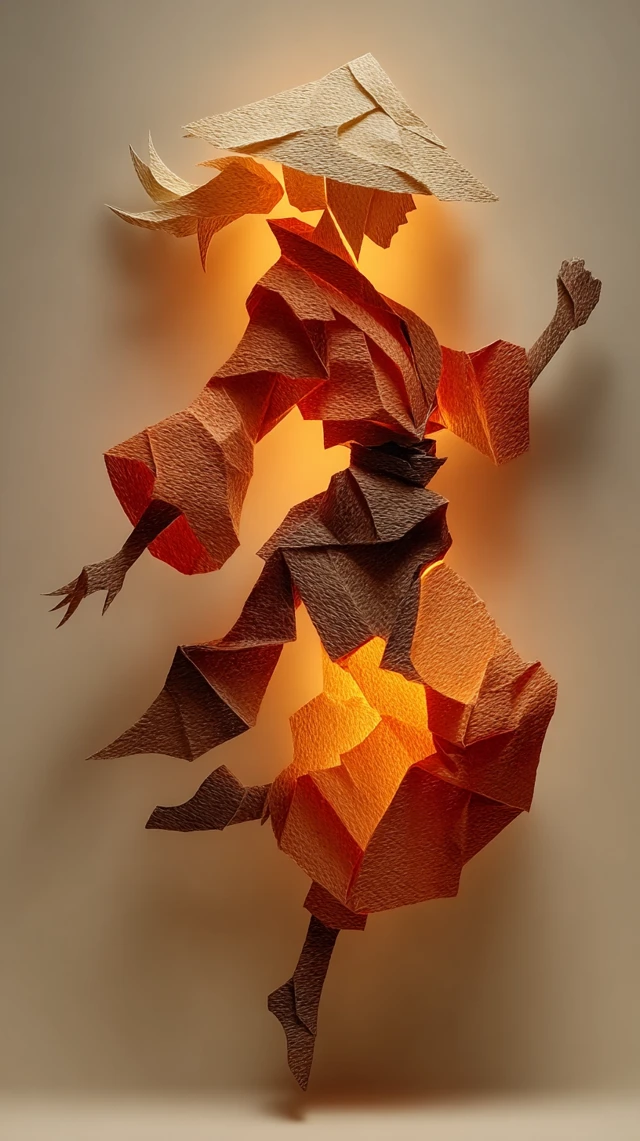 Origami Dancer Geometric Shadows Amber Silhouettes