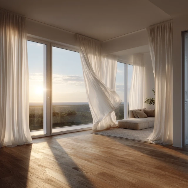 Modern Living Room with Sunset View and Curtains