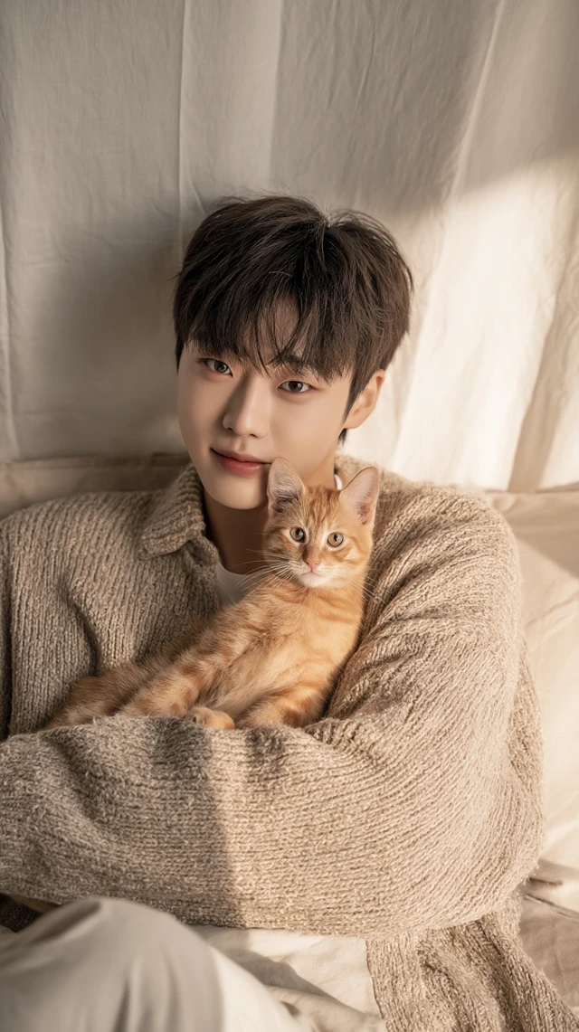 Korean Idol and Kitten: Adorable Photo with Cinematic Lighting
