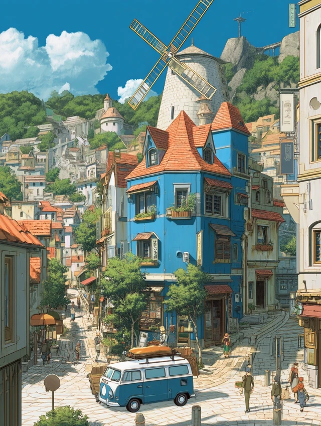 Medieval Town Illustration in Ghibli Style