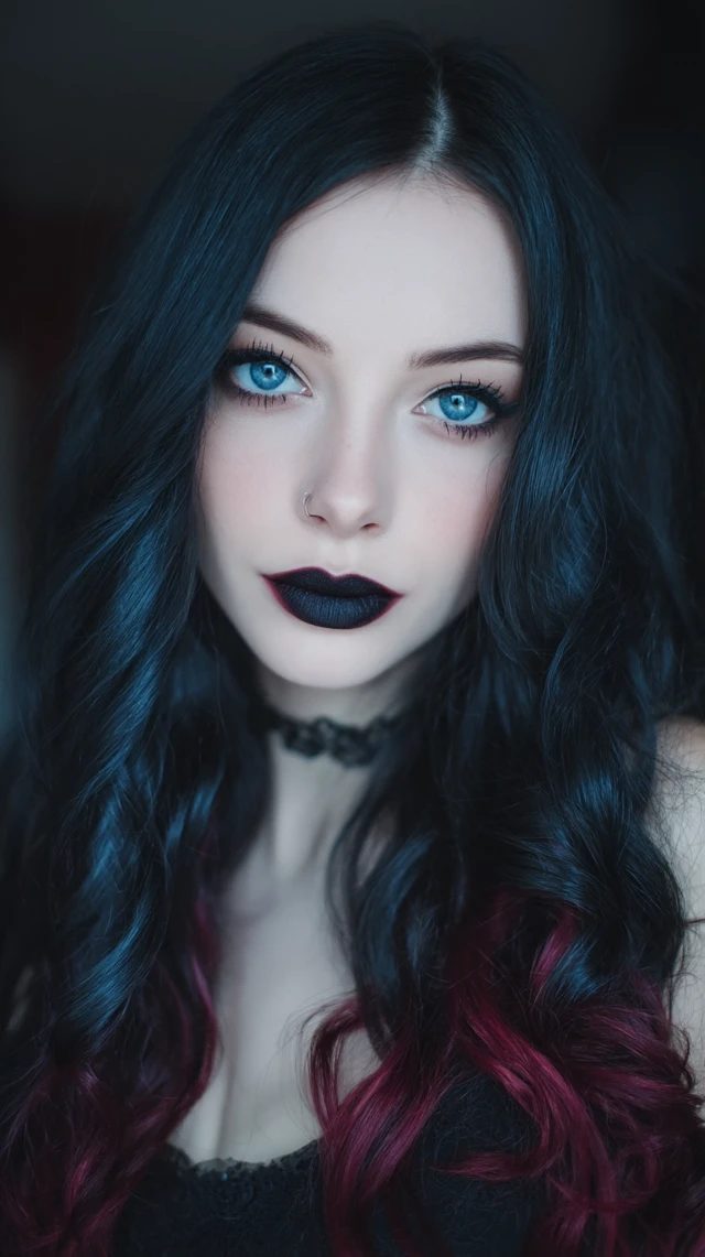 Woman with Black Hair and Red Highlights Makeup