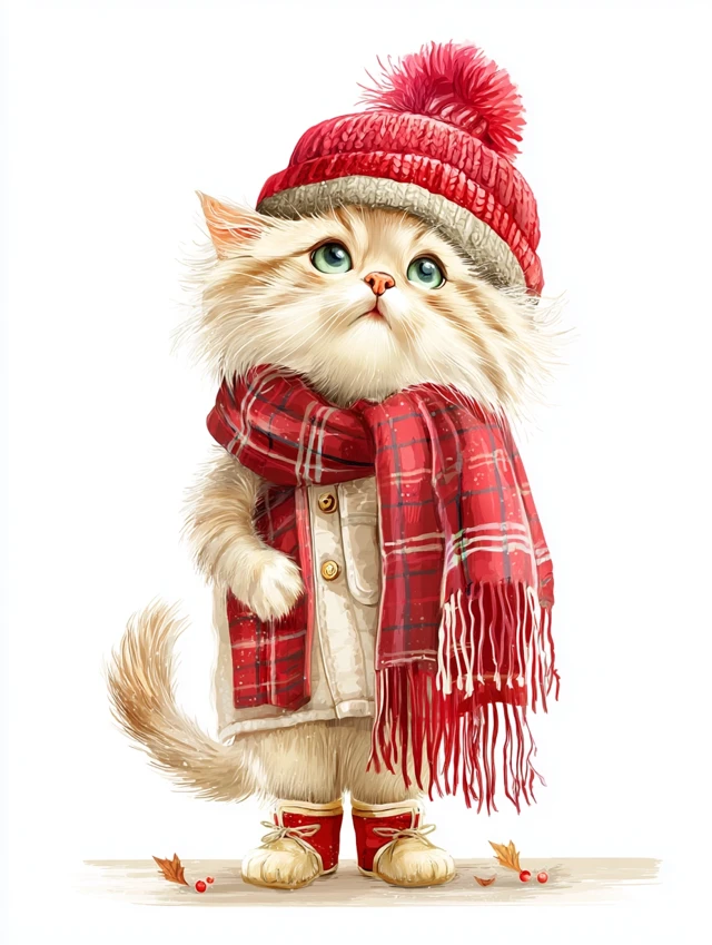 Cute Kitten in Hat and Scarf Illustration