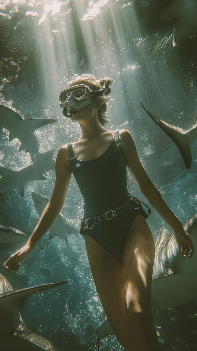 Woman Snorkeling with Sharks Underwater Adventure