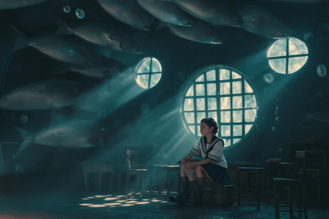 Girl in Sailor Suit Underwater Classroom