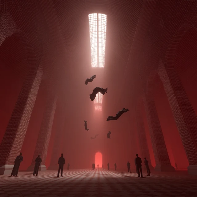Red Lit Church Interior People Flying