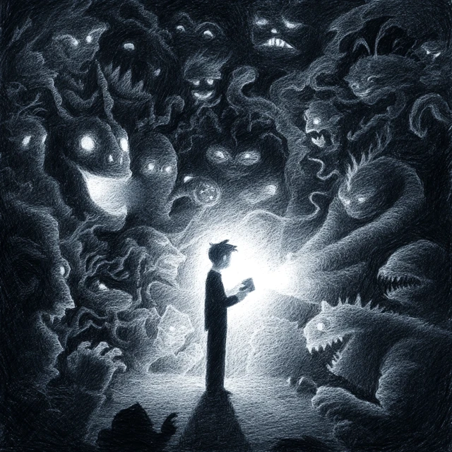 Dark Illustration: Man with Light vs. Monsters