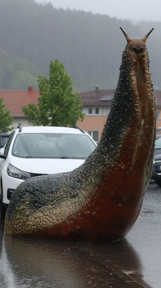Giant Slug Attacks Car in German Town Rainy Day