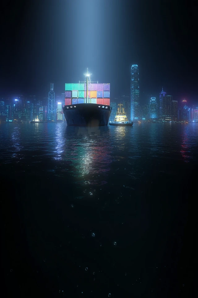 Cargo Ship at Night Arriving at Port City