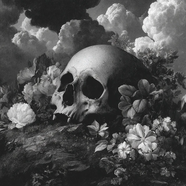Skull and Flowers Black and White Artwork