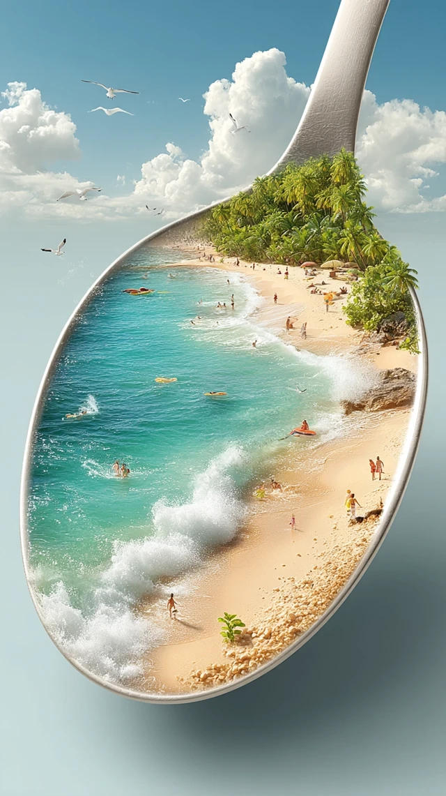 Magical Beach Scene Inside a Spoon Surreal Art
