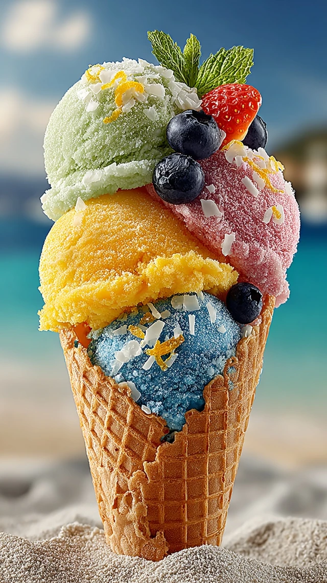 Colorful Ice Cream Cone on the Beach Summer Dessert