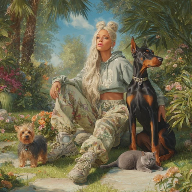 Princess in Paradise Garden with Pets Painting