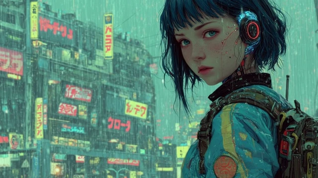 Cyberpunk Cyborg in Rain Drenched City