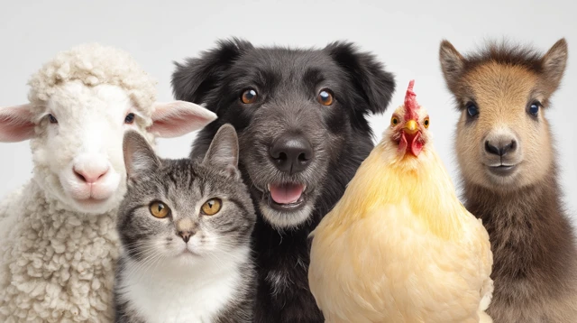 Five Cute Pets Sheep Cat Dog Chicken Pony