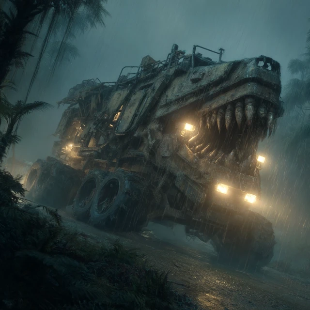 Ork Battlewagon in a Jungle Rainy Scene
