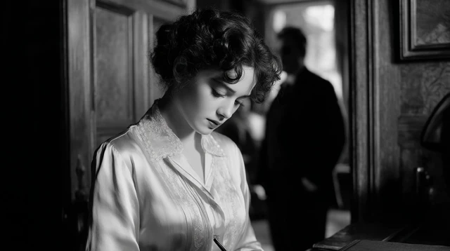 Woman Signs Statement Dramatic Noir Scene