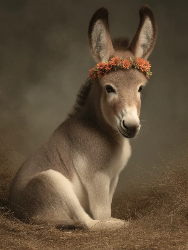 Cute Baby Donkey Oil Painting Flower Crown