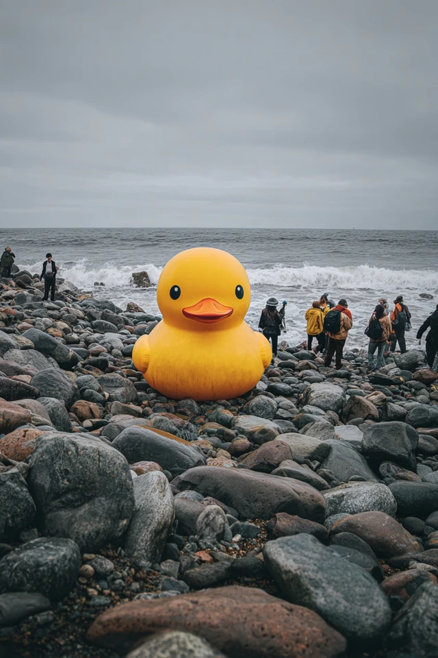 Rubber Duck on Rocky Beach Overcast Day