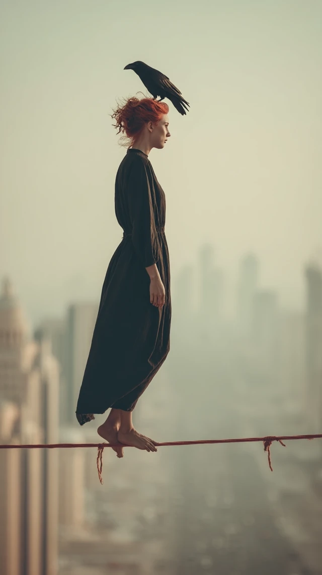 Red Haired Woman Balancing Crow Skyline