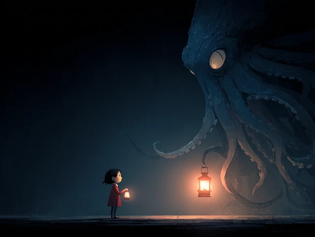 Girl and Giant Squid Horror Art