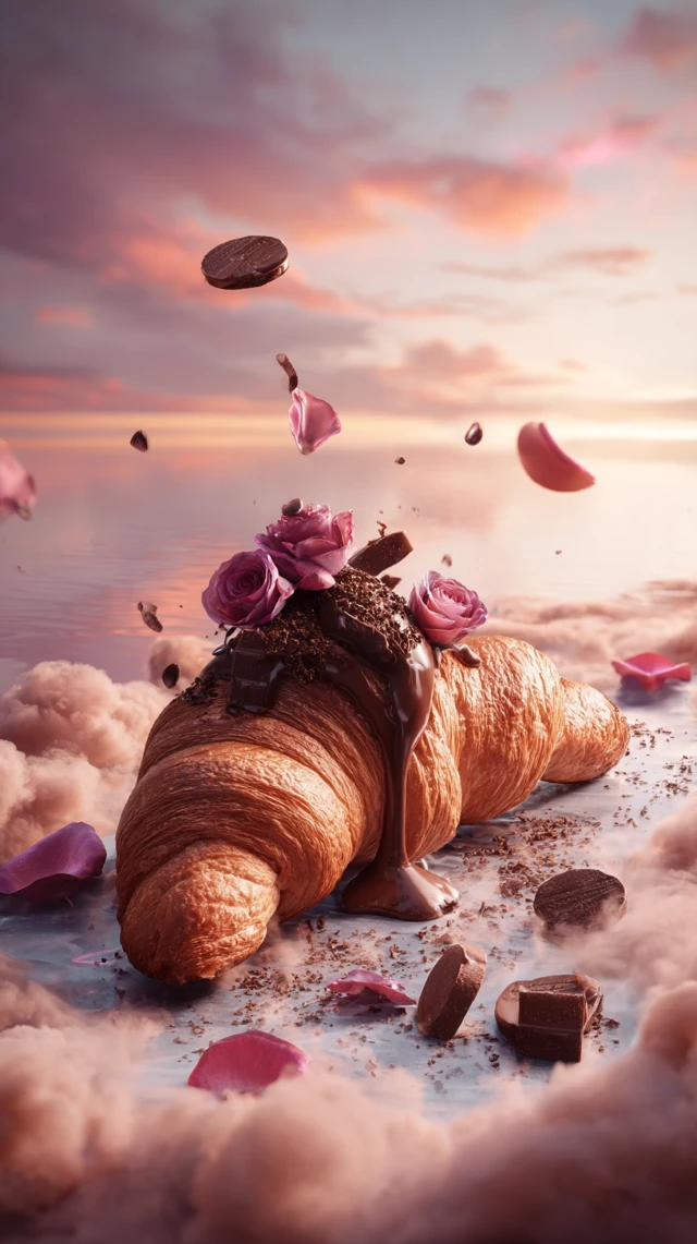 Magical Croissant Art: Roses, Chocolate, and Clouds