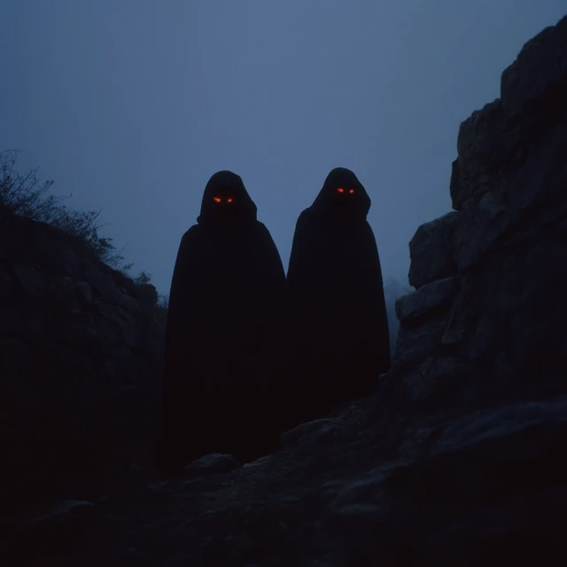 Eerie Silhouettes in Cloaks Red Eyes Canyon