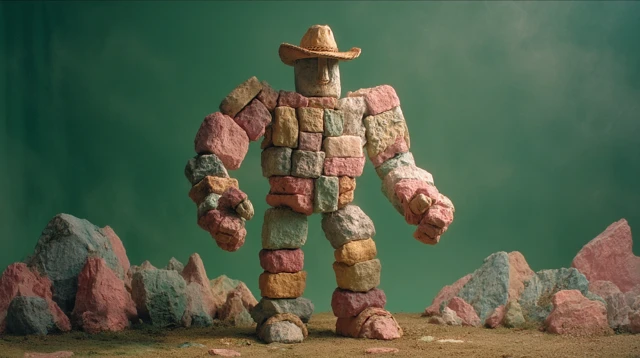 Pastel Rock Golem in Cowboy Hat Claymation Style