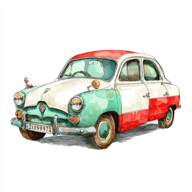 Retro Car Illustration Watercolor and Colored Pencil Art