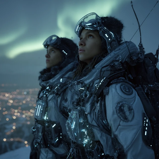 Cyberpunk Arctic Explorers on Neon Mountain Peak