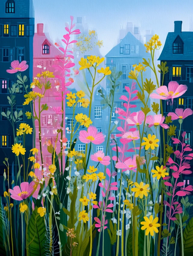City Garden Painting: Copenhagen Buildings and Wildflowers