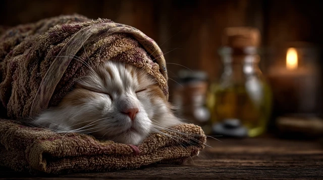 Relaxed Cat at a Spa Cozy Pet Pampering