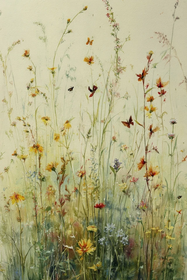 Watercolor Grassy Field with Wildflowers and Birds