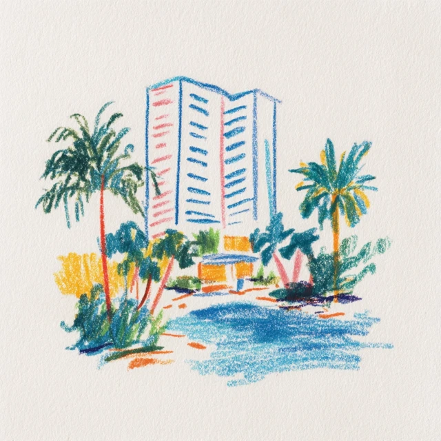 Crayon Drawing of a Hotel with Pool and Palm Trees
