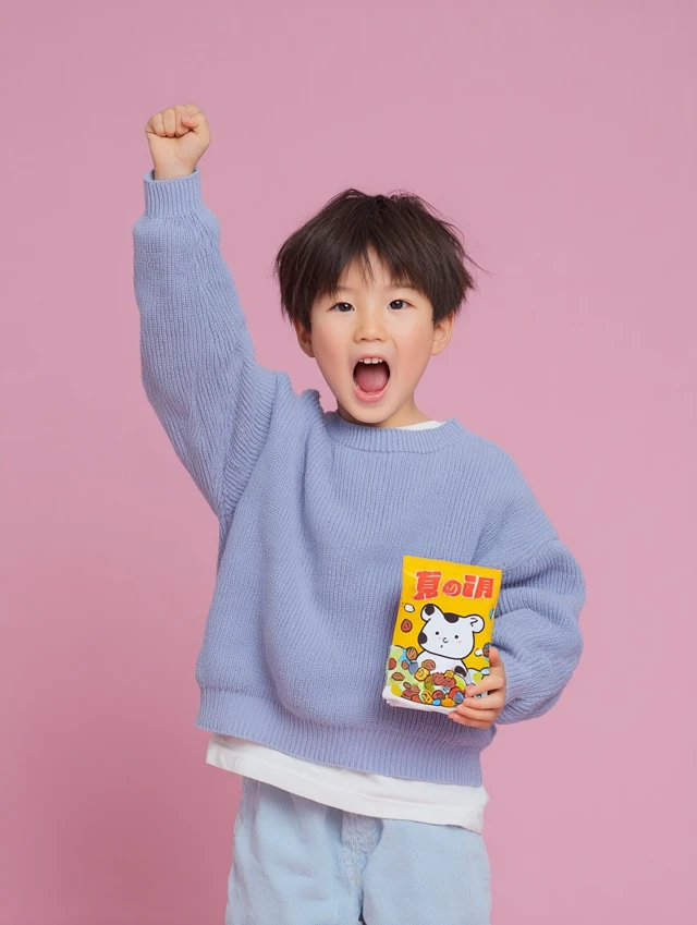 Happy Japanese Boy with Snack Commercial Style